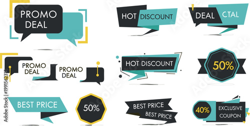 Modern Promo Sale Labels and Discount Badges Set with Speech Bubbles Ribbon Banners Percentage Offers for Marketing Advertising and E Commerce Design