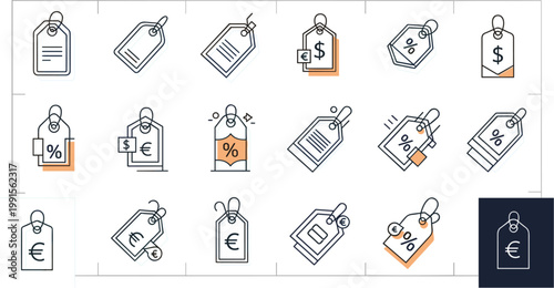 Minimal Line Price Tag Icons Set with Currency Symbols Euro Dollar Percent Labels for Retail Pricing, Shopping Discounts, and E Commerce UI Design
