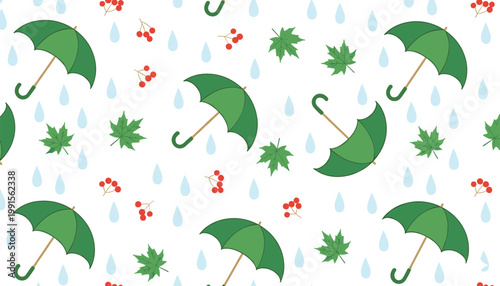Vector illustration of repeating rain pattern with umbrellas, maple leaves, berries, and raindrops on white background