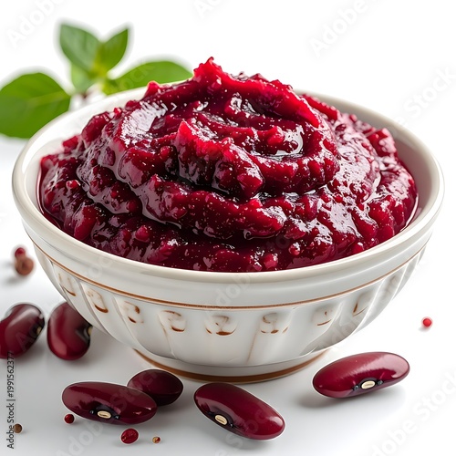 A bowl of thick, dark red bean paste with scattered beans