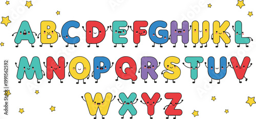 Vector illustration of colorful cartoon alphabet letters A–Z with eyes, arms, legs, and playful stars