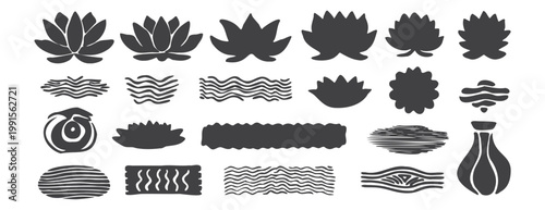 Black water lily and lotus icons in linocut style. Mediterranean set with waves, organic shapes, and amphora vase. Hand-drawn textured vector floral elements for zen, spa, and wellness design