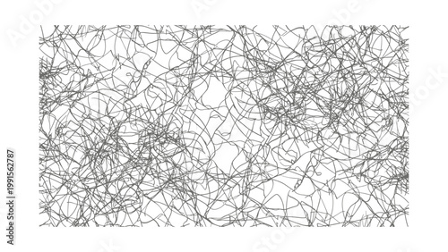 A complex network of tangled black lines on white background.