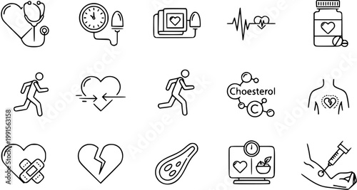 Black and White Line Art Icons Set for Cardiovascular Health, Heart Care, Medical Monitoring, and Healthy Lifestyle. Outline symbols for cardiology and wellness.