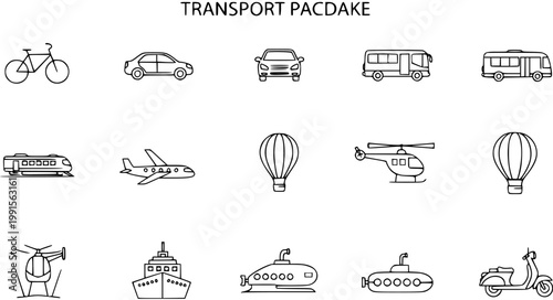 Black and White Line Art Icons of Various Transportation Vehicles - Bicycle, Car, Train, Plane, Helicopter, Bus, Submarine, Ship, Scooter