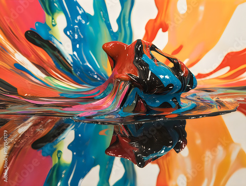 Abstract Colorful Paint Splatter with Reflection Vibrant Swirling Liquids