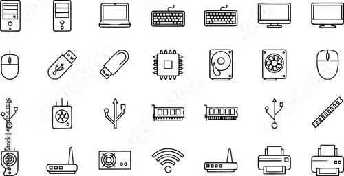 Technology Computer Hardware and Electronics Devices Outline Icons Set for IT, Networking, and Peripheral Components