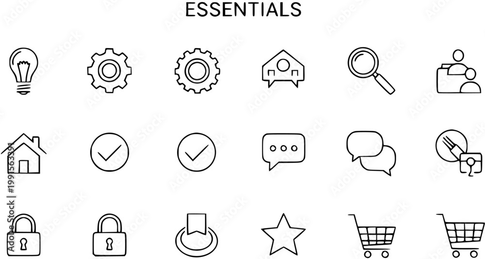 Fototapeta premium Essentials Icon Set: Lightbulb, Gears, House, Search, Chat, Lock, Star, Shopping Cart, Black Line Art