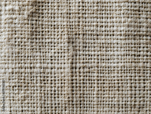 Close-up texture of rough beige woven burlap fabric with visible threads and weave pattern