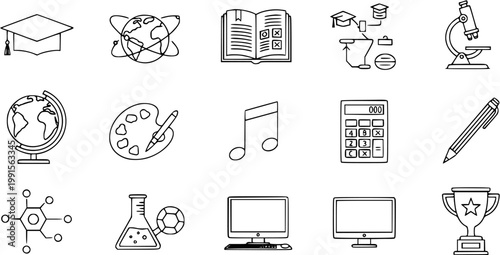 Black and White Line Art Icons of Education and School Supplies for Online Learning