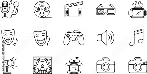 Set of Entertainment and Media Icons: Music, Film, Theater, Gaming, VR, Photography