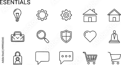 Essentials Outline Icon Set for Web, App, and Business UIUX Design. Collection of Black and White Line Art Symbols for Digital Interface and Technology Projects.