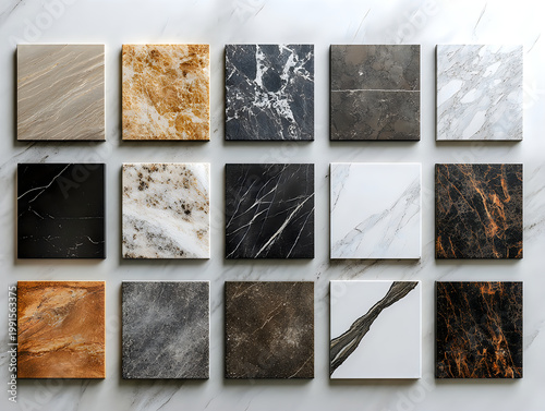 Variety of Marble Stone Tiles Displayed Flat Lay on Marble Surface Interior Design Samples