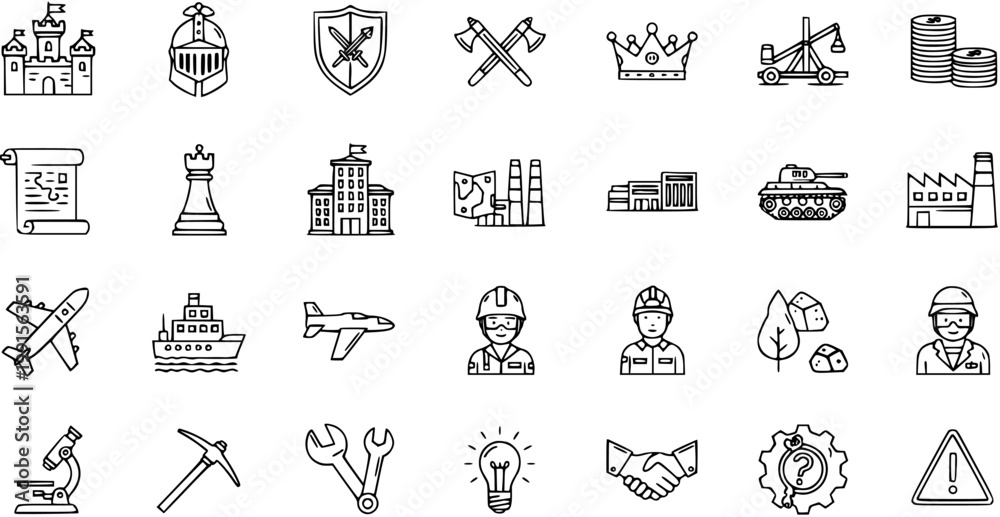 Fototapeta premium Black and white line art icons of historical, industrial, and technical elements for microstock