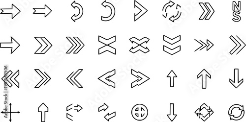 Black and White Line Art Icons: Collection of Arrows and Navigation Symbols