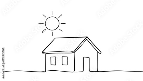 Minimalist Line Art House with Sun Illustration for Background Design