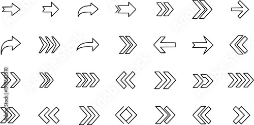 Black and White Line Art Arrows Icons Collection, Vector Set of Directional Symbols