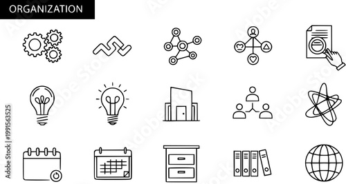Business Organization Line Art Icons Set. Collection of management, office, planning, and corporate outline symbols for structure and strategy.