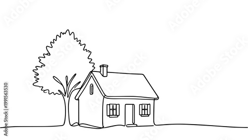Minimalist One Line Art Cozy House with Tree Peaceful Living Nature Concept Transparent PNG for Real Estate and Design