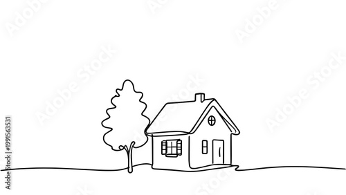 Minimalist One Line Art House with Tree Nature Home Living Concept Transparent PNG for Real Estate and Design