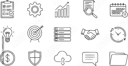 Black and White Line Art Icons for Business: Checklist, Gear, Chart, Magnifying Glass, Calendar, Lightbulb, Target, Database, Handshake, Clock, Money, Shield, Cloud, Chat, Folder