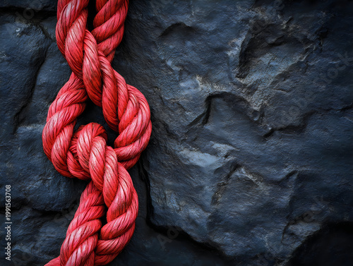 Thick Red Rope Knot Tied on Dark Textured Stone Surface Close-up Detail