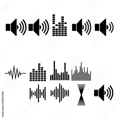 Sound wave and speaker icons are displayed with various graphic equalizer elements