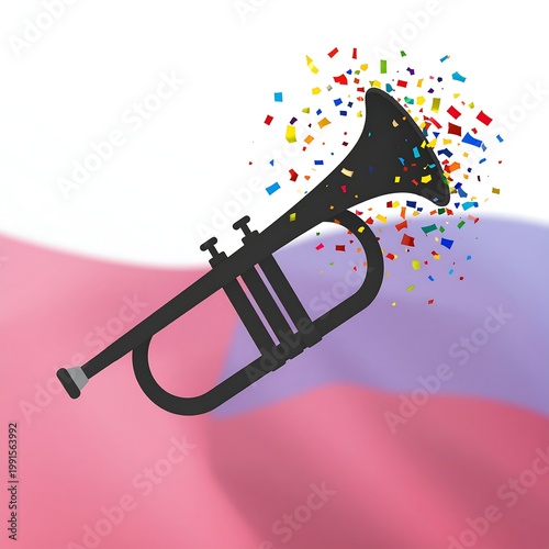 Black Trumpet Vector Illustration With Colorful Confetti Explosion On Abstract Pink And Purple Wave Background In A Vibrant Celebratory And Festive