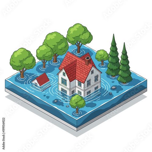 A house and trees are surrounded by rising floodwaters in a natural landscape.