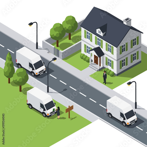 Vehicles deliver packages to a suburban home on a residential street