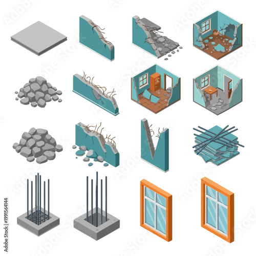 Isometric illustration of a damaged building with rubble and exposed steel beams
