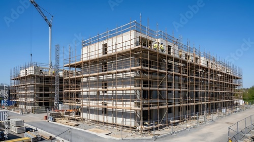 Urban development project featuring a large concrete housing complex in progress with professional metal scaffolding on a bright sunny day