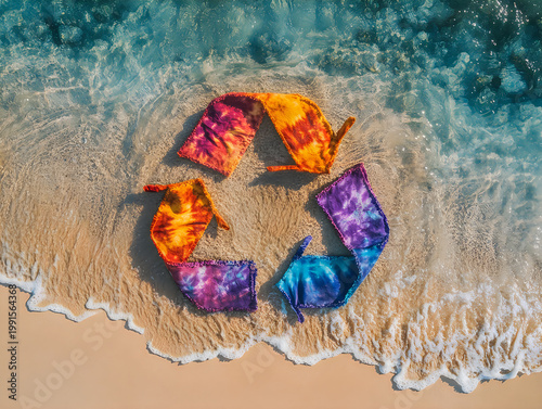 Tie Dye Fabric Recycling Symbol on Sandy Beach Shoreline with Ocean Waves