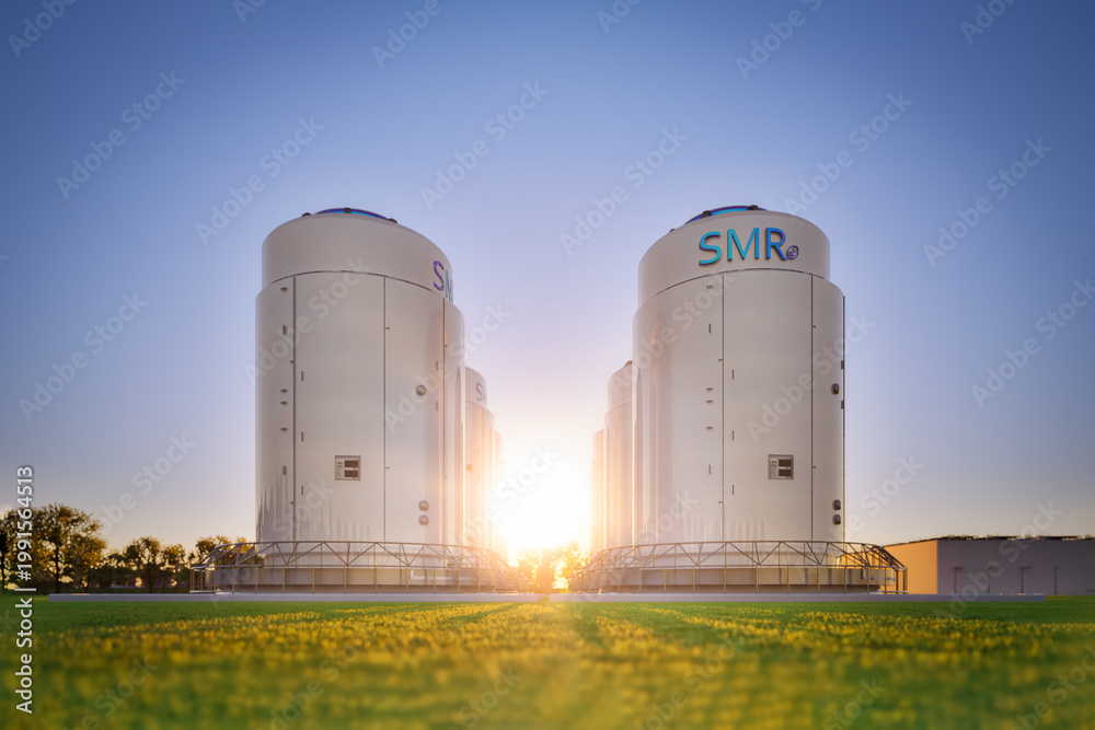 Fototapeta premium Group of smr or small modular nuclear reactors power plant against twilight sky