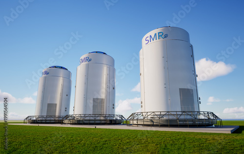Group of smr or small modular nuclear reactors power plant against blue sky