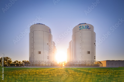 Foto Group of smr or small modular nuclear reactors power plant against twilight sky