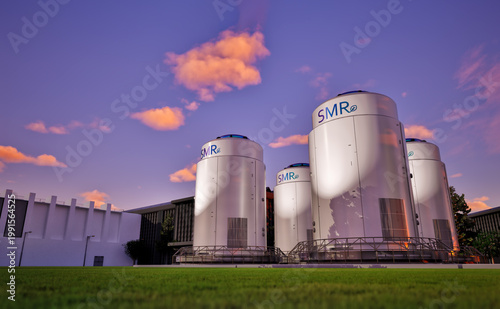 Group of smr or small modular nuclear reactors power plant under twilight sky