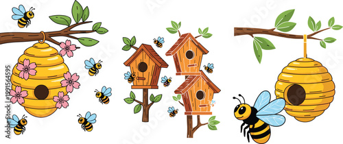 Cute bees with honeycomb hives and wooden birdhouses on tree branches cartoon nature illustration spring garden pollination concept isolated design.