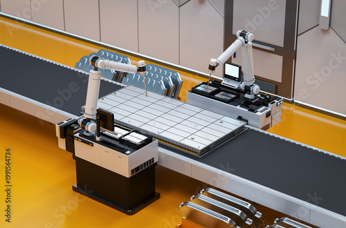 3d rendering robotic arms manufacture electric car battery