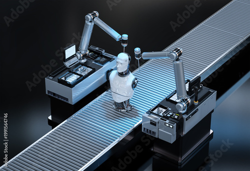 Robot assembly line producing cyborg in factory