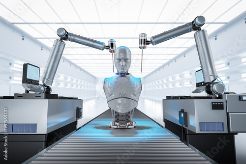 Robot assembly line producing cyborg in factory