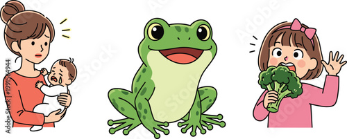 Cute cartoon illustration of mother holding crying baby green frog and little girl eating broccoli healthy lifestyle and parenting concept isolated design.