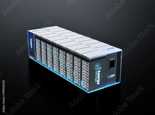 Energy storage system or battery container unit see through on black background