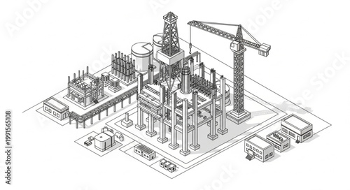 Isometric construction site with tower crane and structure.