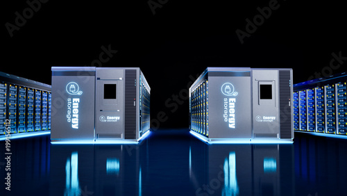 Group of energy storage systems or battery container units on black background