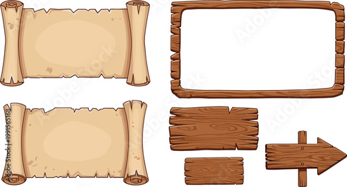 Set of wooden signboards and vintage parchment scroll banners isolated on transparent background rustic wood frames arrows and blank message templates.