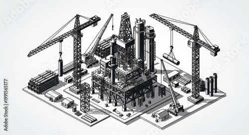Isometric construction site with tower cranes and building framework.