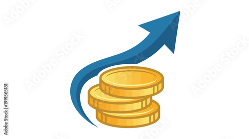 Stack of gold coins with a blue arrow pointing upwards for profit
