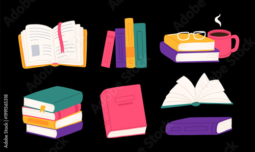 Colorful books set dark background, stack with coffee cup, open book with flowers, glasses, shelf row, bright reading collection illustration