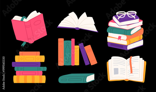 Colorful books set dark background, stack with coffee cup, open book with flowers, glasses, shelf row, bright reading collection illustration